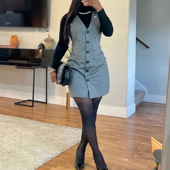 Pinstripe Pinafore Mini Vest Dress - Picture 1 of 4